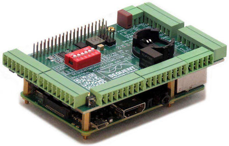 Industrial Automation HAT with a green circuit board, pluggable screw terminals, red DIP switch, and coin-cell holder