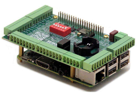 Industrial Automation Raspberry Pi HAT with a green circuit board, pluggable terminal blocks, red DIP switches, and stacked headers