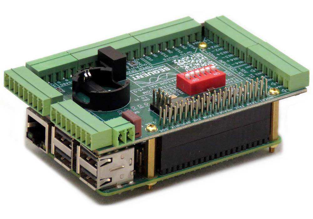 Industrial Automation HAT with green screw terminals, a green circuit board, red DIP switch and stacked Raspberry Pi
