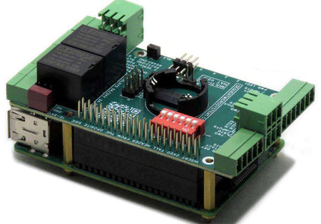 Multi-IO HAT, green circuit board with black relays, green screw terminals, a red DIP switch, and stacked Raspberry Pi