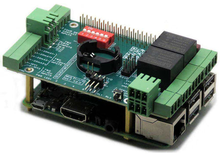Multi-IO HAT green circuit board with screw terminals, black relays, red DIP switches and a coin-cell holder