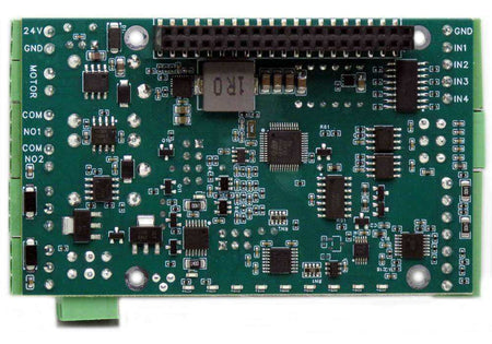 Multi-IO HAT green circuit board with black GPIO header, screw terminals, chips, and labeled I/O connections