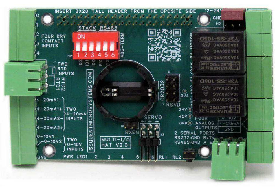 Multi-IO HAT circuit board in dark green with red DIP switches, screw terminals, relays, and a central battery holder