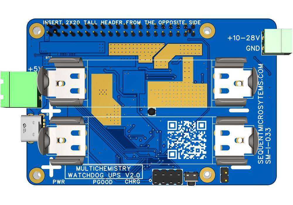 Multichemistry Watchdog HAT, blue circuit board with four metal 18650 battery contacts, green power terminals and USB-C port