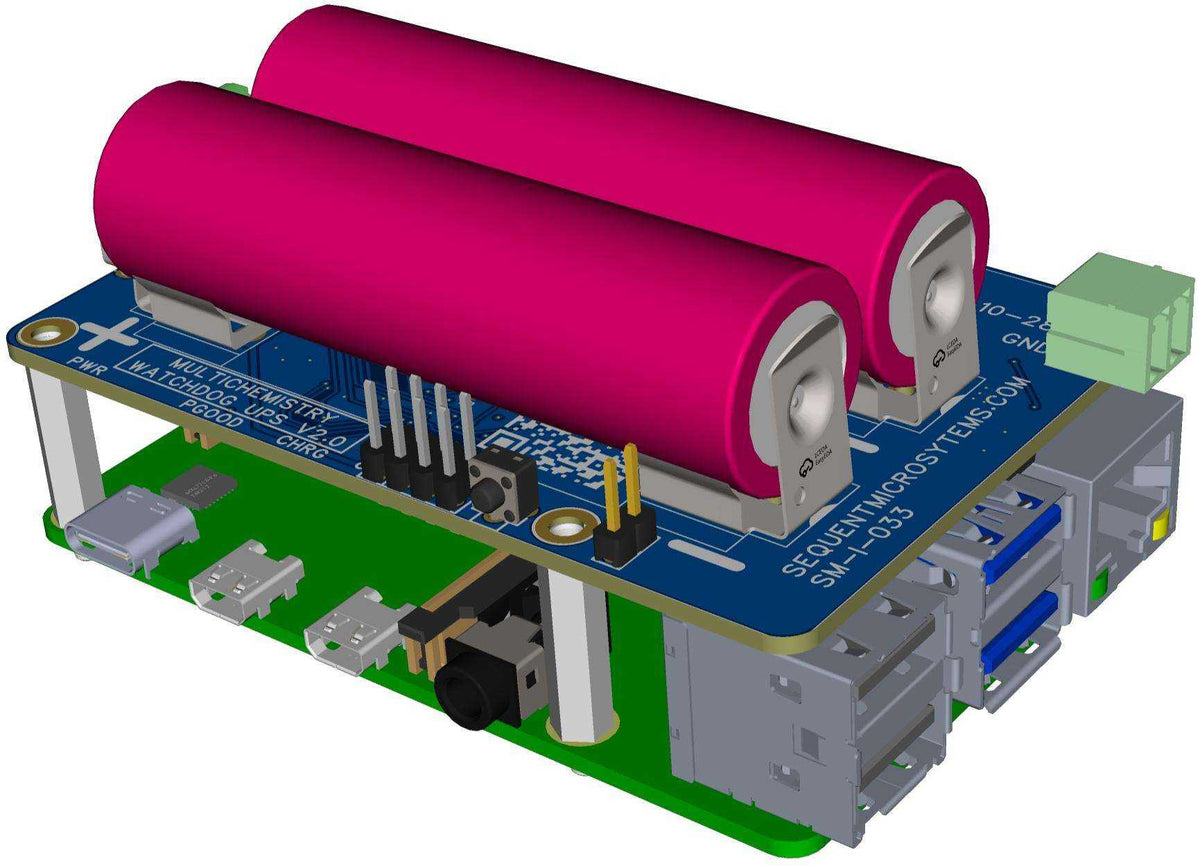 Multichemistry Watchdog HAT with blue circuit board, two magenta 18650 batteries, connectors, and metal mounting standoffs