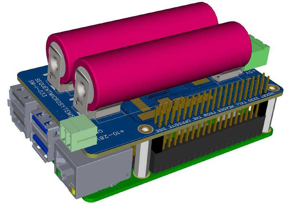 Multichemistry Watchdog HAT with blue circuit board, two magenta 18650 batteries, and GPIO header atop a Raspberry Pi