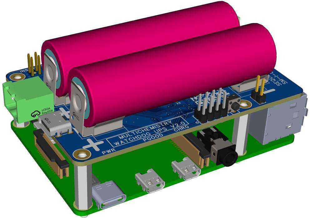 Multichemistry Watchdog HAT with two magenta 18650 batteries in metal holders on a blue circuit board