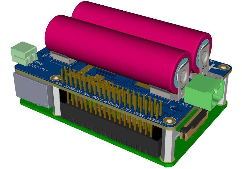 Multichemistry Watchdog HAT circuit board with two magenta 18650 battery cells, gold GPIO pins and green connectors