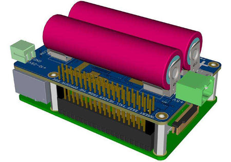 Multichemistry Watchdog HAT circuit board with two magenta 18650 battery cells, gold GPIO pins and green connectors