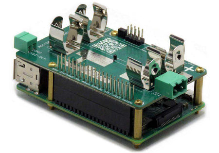 Multichemistry Watchdog HAT with a green circuit board, metal 18650 battery clips, power connectors, and GPIO header