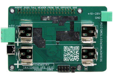 Multichemistry Watchdog HAT circuit board in dark green with metallic connectors, battery sockets and power input terminals