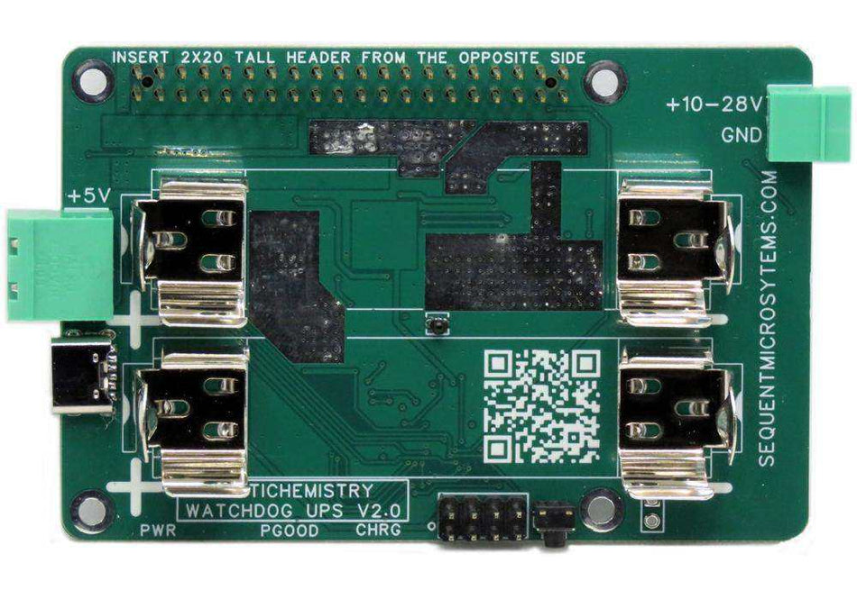 Multichemistry Watchdog HAT circuit board in dark green with metallic connectors, battery sockets and power input terminals