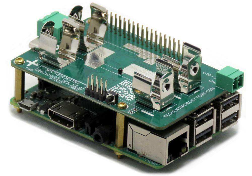 Multichemistry Watchdog HAT, green circuit board with metal 18650 battery holders, GPIO header and power connectors