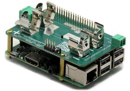 Multichemistry Watchdog HAT, green circuit board with metal 18650 battery holders, GPIO header and power connectors