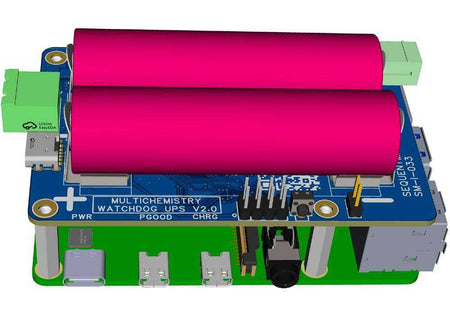 Multichemistry Watchdog HAT with two magenta 18650 batteries in blue sockets, mounted on a green Raspberry Pi board
