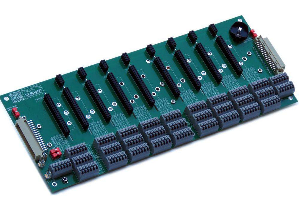 Industrial back panel for Raspberry Pi with eight I/O slots, spring-loaded terminal blocks, and multiple serial communication ports for automation.