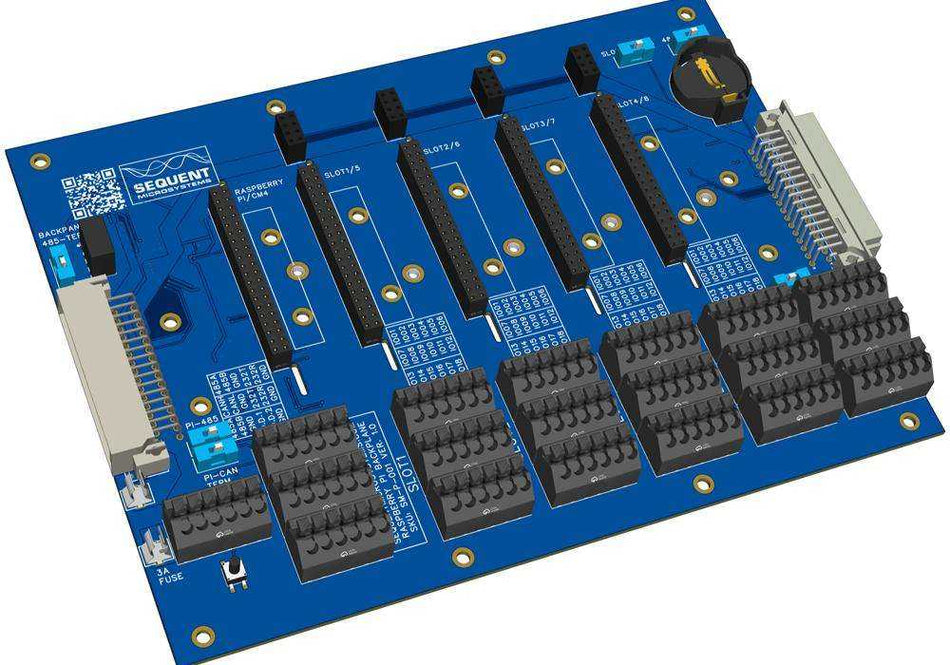 Blue Back Panel for Raspberry Pi with four I/O slots, terminal blocks, and connectors for industrial automation applications.