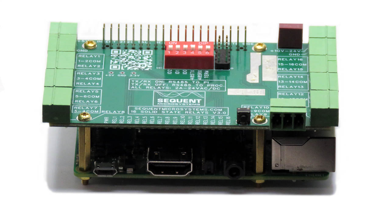 Sixteen solid state relays 2A 24V 8-layer stackable HAT 360 view