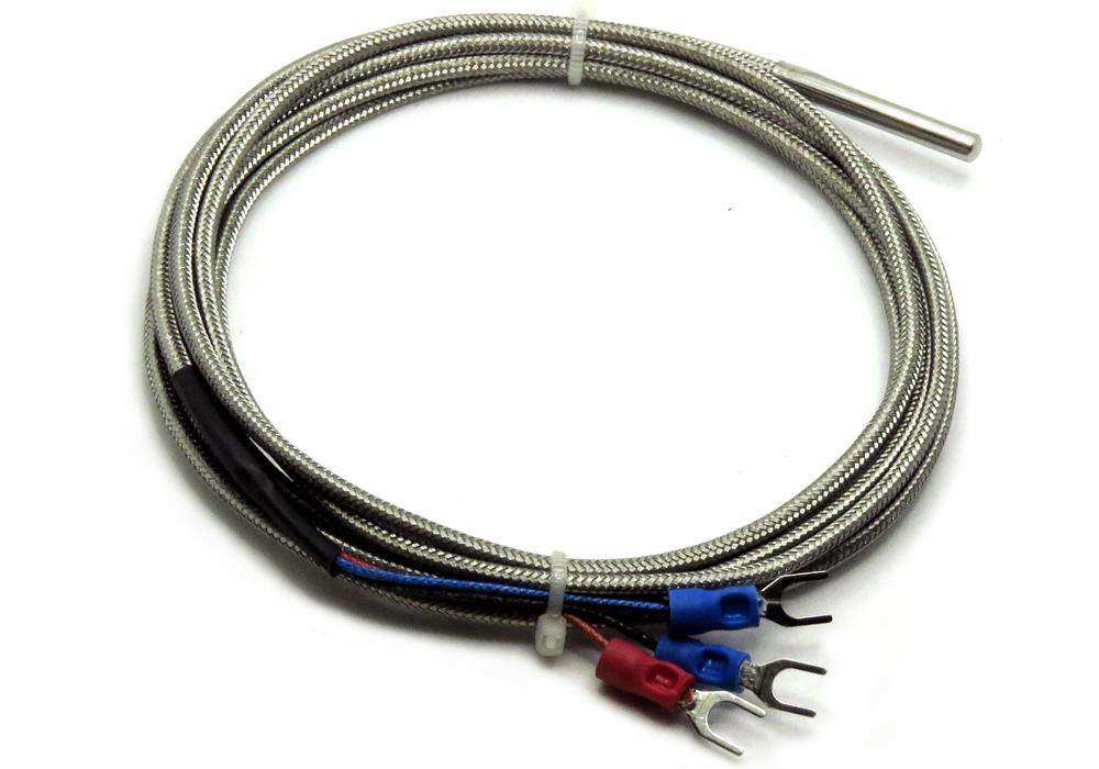 PT100 Sensor with a stainless steel probe, coiled braided metal leads, and red, blue, and black prong terminals
