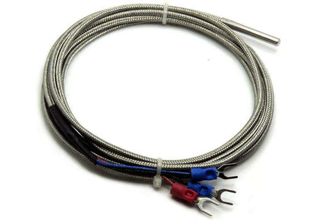 PT100 Sensor with a stainless steel probe, coiled braided metal leads, and red, blue, and black prong terminals
