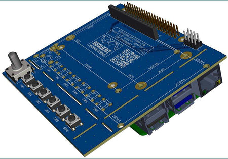 Six-in-one LCD Adapter blue perforated circuit board with rotary encoder, six pushbuttons, and raised GPIO headers