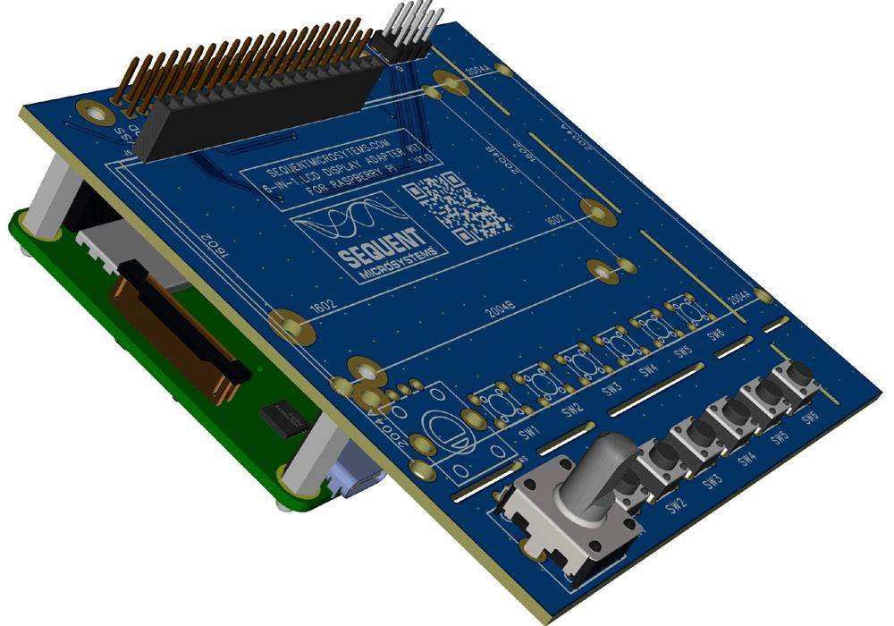 Six-in-one LCD Adapter blue circuit board with gold traces, GPIO header, rotary encoder and six pushbuttons