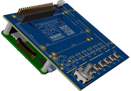Six-in-one LCD Adapter blue circuit board with gold traces, GPIO header, rotary encoder and six pushbuttons