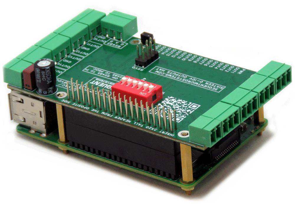 Sixteen 0-10V Analog Outputs HAT, green circuit board with green terminal blocks, red DIP switch and Raspberry Pi header