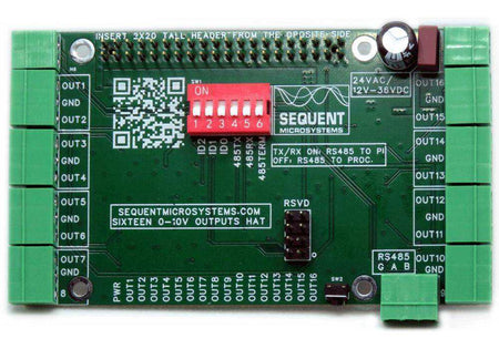 Sixteen 0-10V Analog Outputs HAT, green circuit board with rows of pluggable terminal connectors and red DIP switch