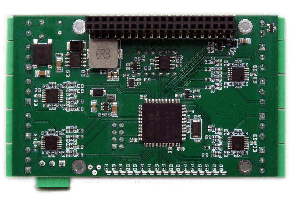 Sixteen 0-10V Analog Outputs HAT, green printed circuit board with black GPIO header, chips, and connectors