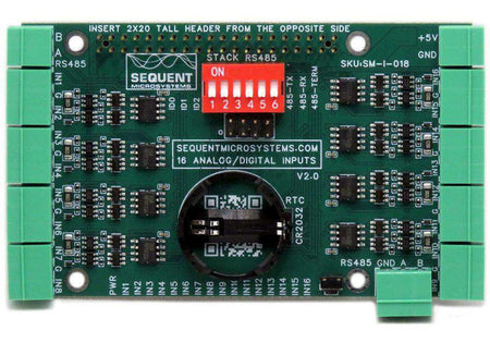 Sixteen Analog-Digital Inputs circuit board with a green PCB, pluggable green terminal blocks, red DIP switch and battery
