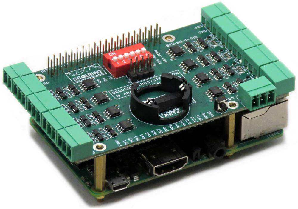 Sixteen Analog-Digital Inputs HAT with a green circuit board, pluggable terminal blocks, red DIP switch and battery holder