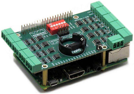 Sixteen Analog-Digital Inputs HAT with a green circuit board, pluggable terminal blocks, red DIP switch and battery holder