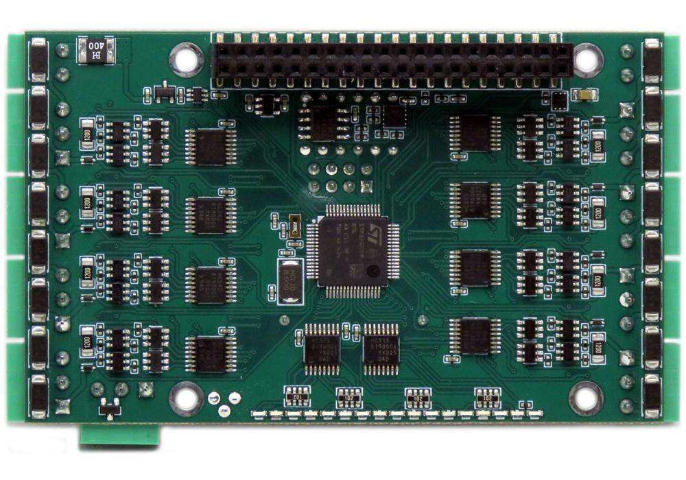 Sixteen Analog-Digital Inputs board with a green circuit board, black chips, and a long GPIO header