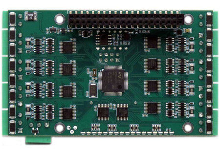 Sixteen Analog-Digital Inputs board with a green circuit board, black chips, and a long GPIO header