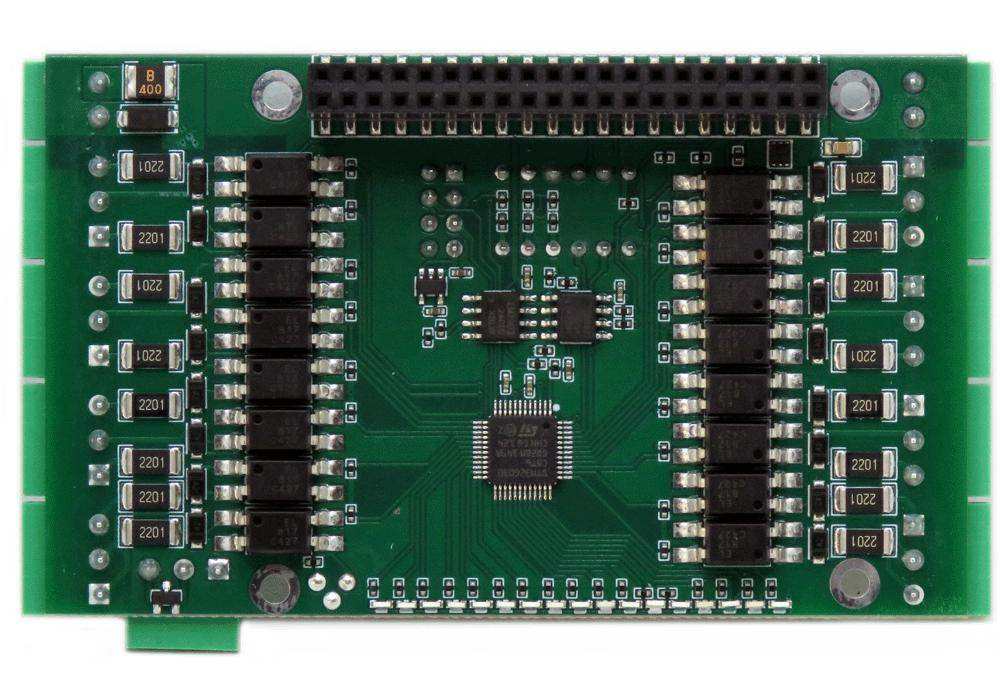 Sixteen LV Digital Inputs circuit board with a green PCB, black components, central processor, and Raspberry Pi header