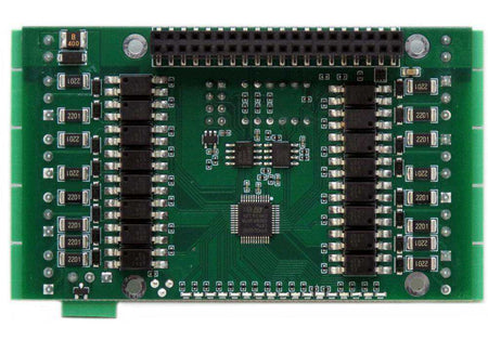 Sixteen LV Digital Inputs circuit board with a green PCB, black components, central processor, and Raspberry Pi header