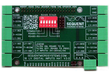 Sixteen LV Digital Inputs card with a green PCB, black silkscreen, red DIP switches, screw terminals, and labeled input channels
