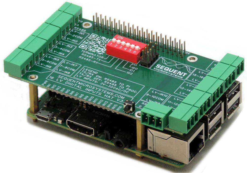 Sixteen LV Digital Inputs board with a green PCB, green screw terminals, red DIP switch, and Raspberry Pi headers