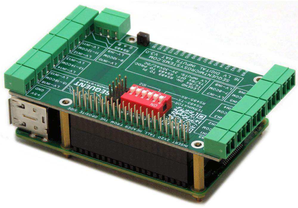 Sixteen LV Digital Inputs HAT, green circuit board with green screw terminals, red DIP switch and GPIO header