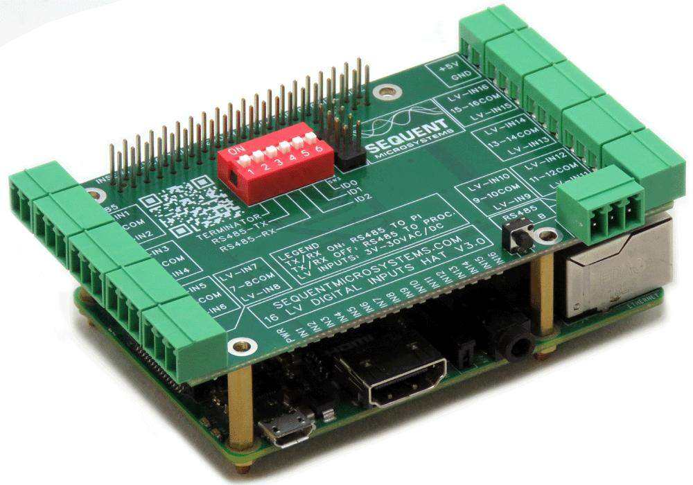 Sixteen LV Digital Inputs HAT with a green circuit board, green terminal blocks, red DIP switch and stacked Raspberry Pi