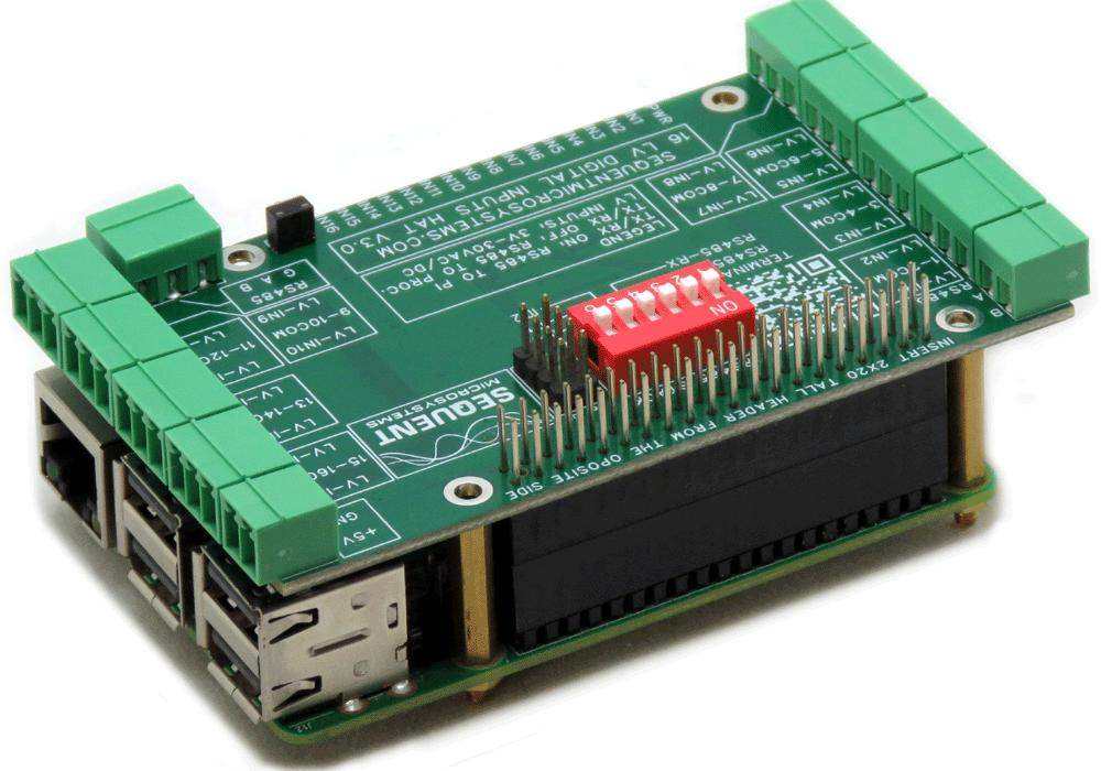 Sixteen LV Digital Inputs HAT with a green circuit board, green terminal blocks, red DIP switch and GPIO pins