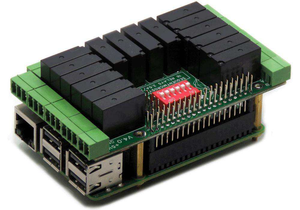 Sixteen Relays Raspberry Pi HAT with a green circuit board, black relay blocks, and red DIP switches