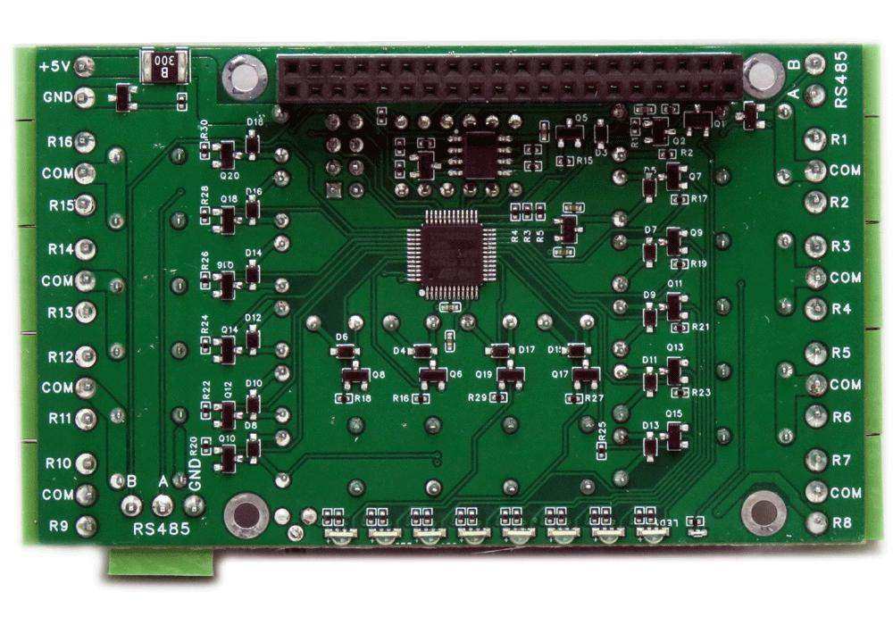 Sixteen Relays Raspberry Pi HAT with a green printed circuit board, relay components, GPIO header and labeled terminals
