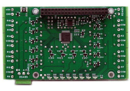 Sixteen Relays Raspberry Pi HAT with a green printed circuit board, relay components, GPIO header and labeled terminals