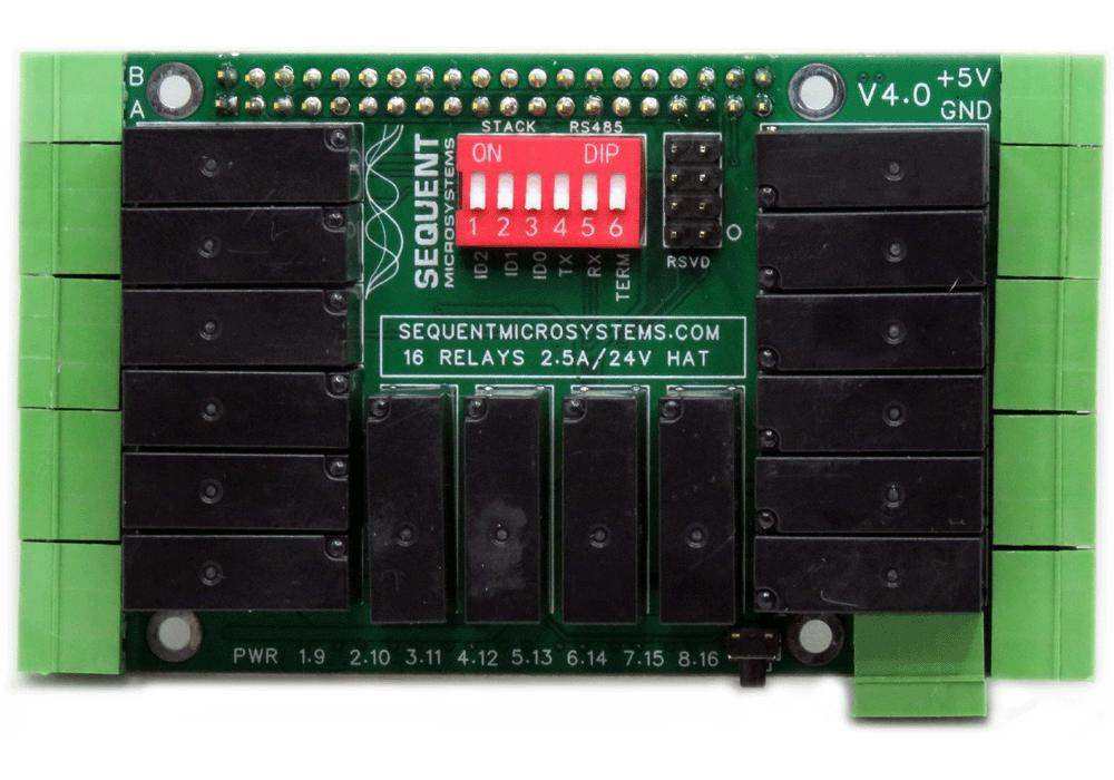 Sixteen Relays HAT with a green circuit board, black relays, green terminal blocks, and a red DIP switch