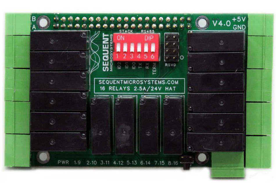 Sixteen Relays HAT with a green circuit board, black relays, green terminal blocks, and a red DIP switch
