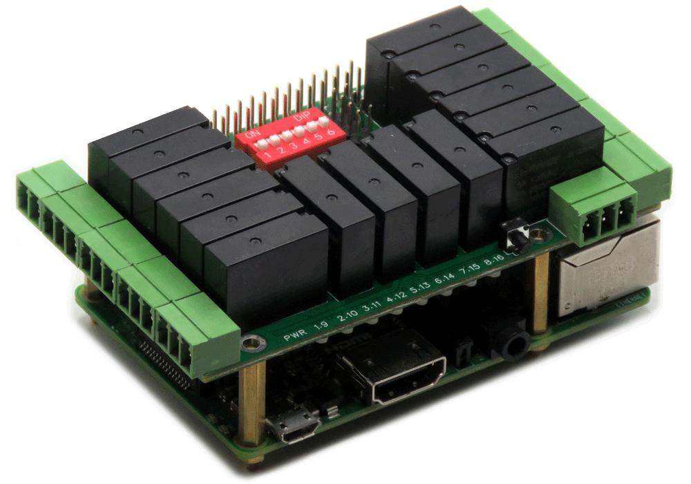 Sixteen Relays Raspberry Pi HAT with a green circuit board, black relay blocks, and green screw terminals