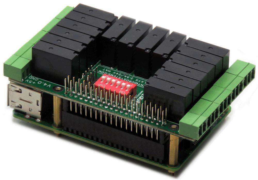 Sixteen Relays HAT with a green circuit board, black relay modules, green screw terminals, and red DIP switches