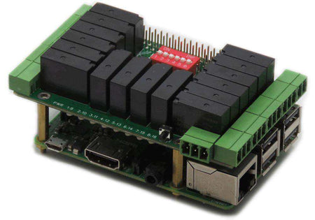 Sixteen Relays Raspberry Pi HAT with black relay blocks, green screw terminals, and a red status LED board